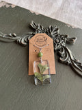Real pressed oregano sprig in a clear square resin pendant with sage green stone bead on a silver chain, on a Stone & Stem Jewelry kraft card